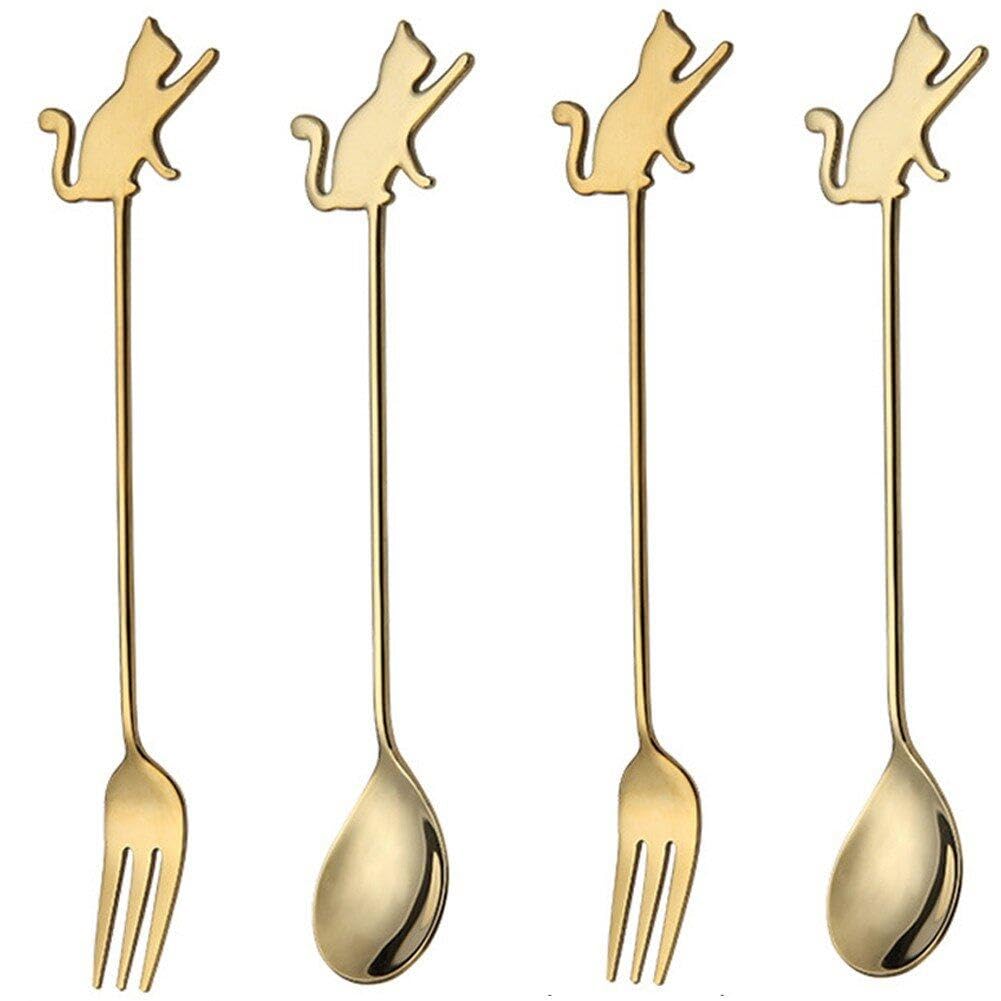 Wudaizhi Gold Pastry Fork And Tea Spoon Set 4Pcs Cat Stainless Steel Dessert Forks Spoons Mini Cake Spoon Dessert Fork