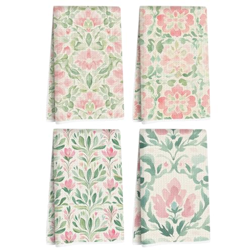 4 Pcs Watercolor Floral Kitchen Towels Artistic Pink Green Decorative Absorbent Microfiber Dish Cloth Tea Towel Durable Waffle Hand Towels for Farmhouse Home Bathroom Housewarming Gifts
