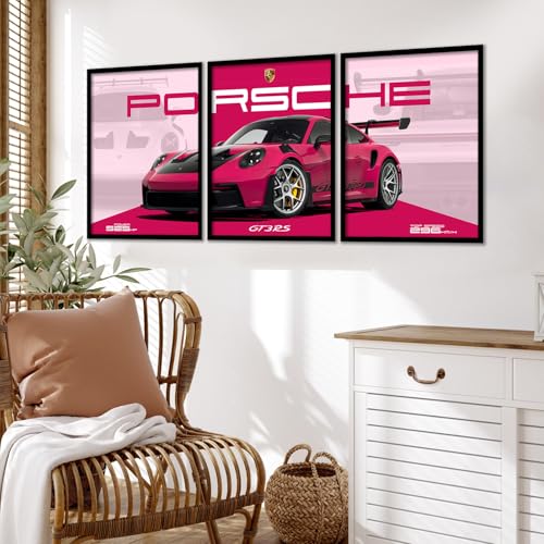 Image of ARTELLY Big Porsche 911 GT3rs Sports Car Framed Wall Posters, Set of 3, Premium Framed Painting, Living Room Bedroom Decoration, Large Size Gift Item for Boys Room Decor (Porsche 3, 19x25 inch)
