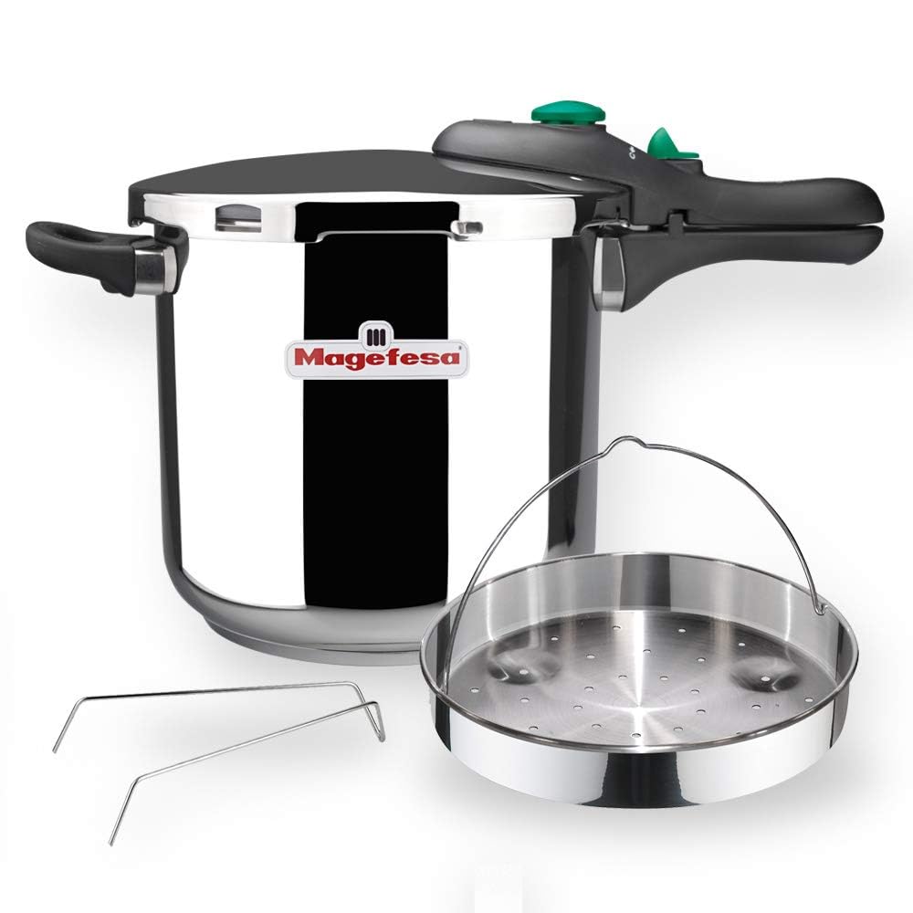 MAGEFESA DYNAMIC Olla a presión super rápida de fácil uso, acero inoxidable 18/10, apta para todo tipo de cocinas, incluido inducción. Pack exclusivo Olla+Cestillo (7,5 LITROS)