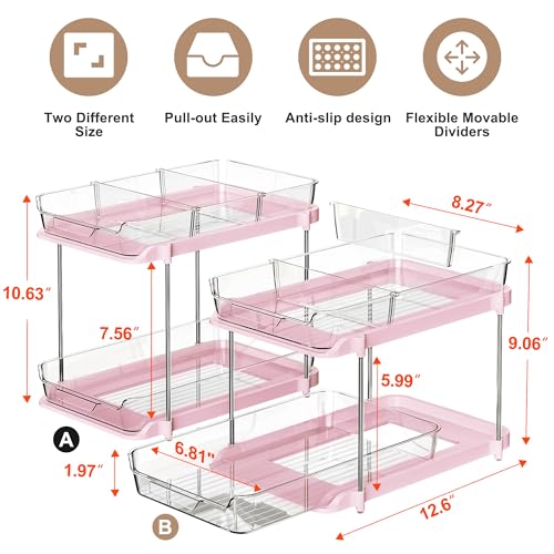 Delamu 2 Sets of 2-Tier Multi-Purpose Bathroom Under Sink Organizers and Storage, Stackable Kitchen Pantry Organization, Pull Out Medicine Cabinet Organizer with 8 Movable Dividers, Pink