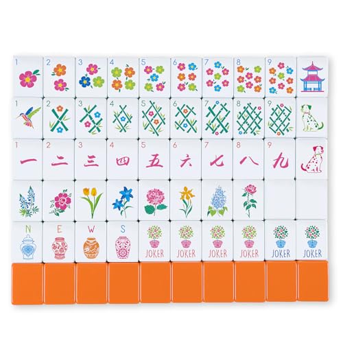 Arrowbash 160 Pcs Floral American Mahjong Set 1.2 Inch Flower Mahjong Tiles Set Orange Back Melamine Hand Carved Pattern for Adult Mah Jong Tabletop...