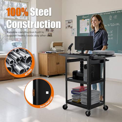 Image of All-Steel Rolling AV Cart with Adjustable Height & Built-in Power - Heavy-Duty Media Workstation with Drop-Leaf Shelves & Wheels for Projectors, Laptops, Printers - Classroom, Office & Studio, Black