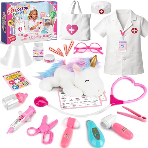 Kit Docteur Enfants, Coffret Médicale avec Peluche Licorne et Blouse de Docteur, Jeu de Rôle pour Enfants 3 4 5 6 Ans - Cadeau Noël et Anniversaire