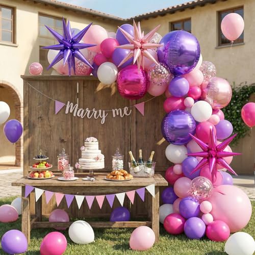 Image of 6pcs 22 inch Pink Purple Star Balloons and 4D Large Foil Balloons, hot pink Star Balloon Purple 4D Foil Balloon For Birthday Baby Shower Party Wedding Anniversary Engagement Mother's Day Decorations