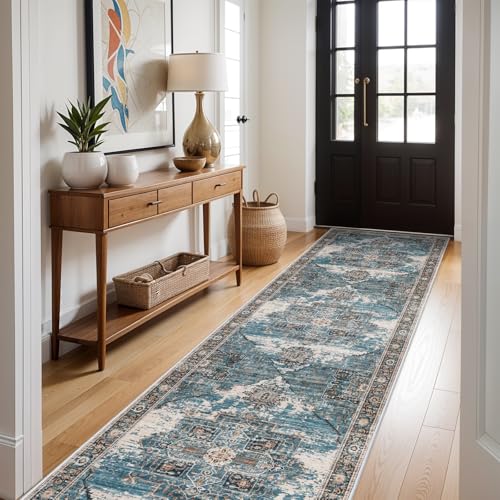 RUUGME Washable 3x12 Runner Rug - Boho Rugs for Living Room Stain Resistant Carpet Vintage Tribal Rugs for Bedroom Kitchen Bathroom Non Slip Backing Decor Floor Decoration Mat 3x12 Blue
