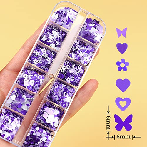 Nail Art Glitter Sequins, Purple And White 3D Glitter Nail Flakes Designs, Love Heart Flowers Butterflies Acrylic Nails Supplies Set For Women Girls Manicure Charms Decorations, False Nails Art Kit #TOP3