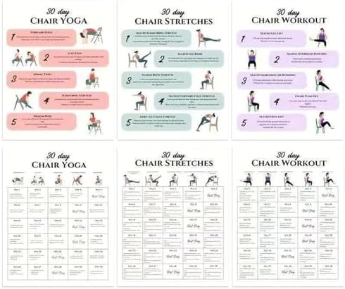 Chair Yoga for Seniors - 30-Day Fitness Poster - Chair Exercise Chart - for Travel Morning Working Family Friends Sports Athletes Gym Beginners Bodybuilding