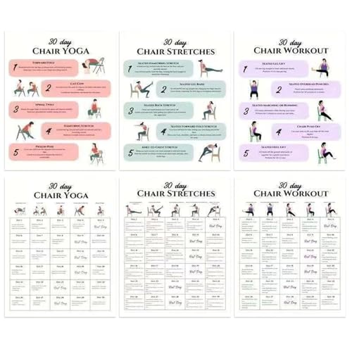 Übungen auf dem Stuhl für Senioren,6 Stück 30-Tage Fitness-Poster - Yoga-Posen Poster - Für Erwachsene Anfänger Unterwegs Morgens Beim Arbeiten Fitness Familie Freunde Sport Athleten Fitnessstudio