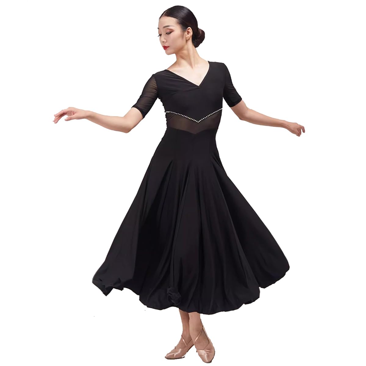 purpleq Vestido de Baile de salón para Mujer con Escote en V, Manga Corta, Malla combinada, Moderno, para vals y Flamenco, Ropa para Baile de graduación y Fiestas