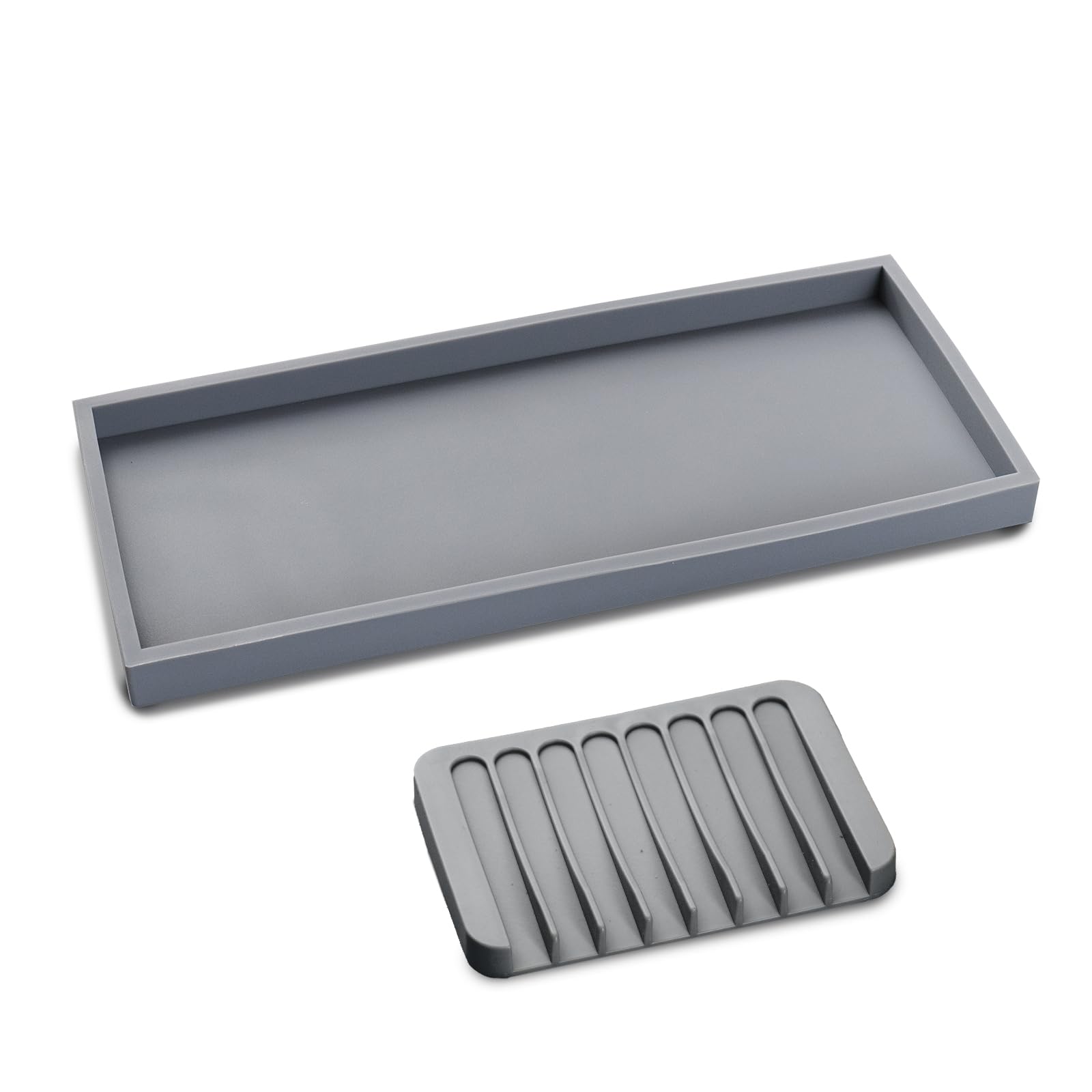 Bloss Silicone Tray Set for Bathroom/Kitchen - 15.7" Bathroom Soap Dispenser Tray and Soap Holder, Silicone Vanity Trays Countertop Organizer for Scrubber, Perfume, Jewelry, Candle Tray