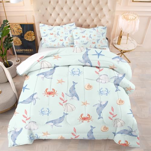 VTKON Light Blue Cute Whale Kids Comforter Set Full Size Cartoon Ocean Bedding for All Seasons Ocean Room Decor for Kids Cute Whale Boys Girls Bedding Set with 1 Comforter+ 2 Pillowcases