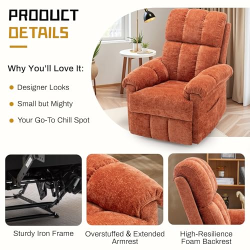 Image of Korser Recliner Chair, Living Room Recliner Chairs for Adults, Small Recliners for Small Spaces, Upholstered Manual Recliner with Side Pockets, Comfy Nursery Chair for Living Room, Chenille, Orange