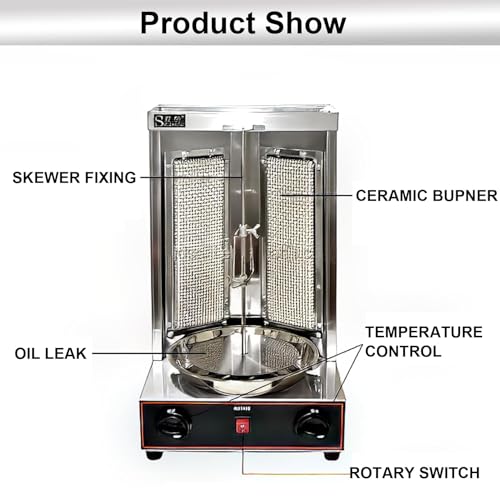 Vertikaler Rotisserie Ofengrill mit Ölauffangpfanne - Elektrische Shawarma Maschine, Gyros Rotisserie Grill, Edelstahl, 360° Drehbarer Kebab Drehofen, 300℃ Einstellung – Bild 4