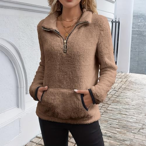 Rikbuig Brown Fleece Pullover Women Half Quarter Zip Oversized Sweatshirt - image 6