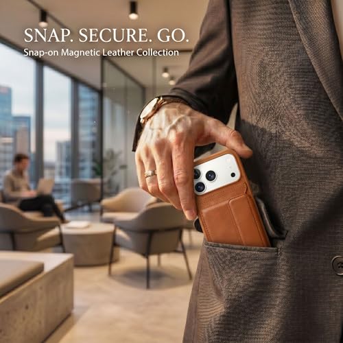 Image of amazon basics Luxury Vegan Leather Back Cover for iPhone 17 Pro Max | Built-in Card Holder Slot | Integrated Mobile Stand | Slim Shockproof Protective Case with Stitched Finish - Tan
