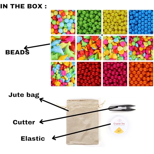 Image of Ambitieux Bracelet Making Craft Kit 12 Types Of Colorful 900+ Pcs Of Plastic Beads With Elastic, Jute Bag And Thread Cutter - Perfect For Crafting (Colorfull With 8 Mm, Multicolor)