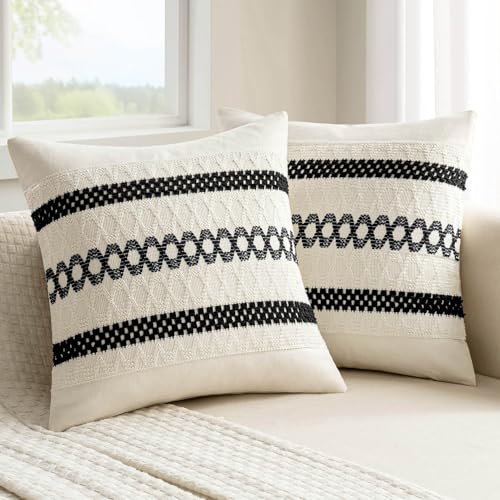 Image of MIULEE Set of 2 Black Boho Decorative Pillow Covers 20x20 Inch | Farmhouse Couch Throw Pillows Modern Spring Cotton Cushion Covers Macrame Woven Home Decor for Bed Sofa Chair