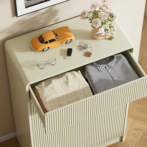 Image of Furniway Beige 5 Drawer Dresser for Bedroom, Curved Tall Dresser with Push-to-Open Design, Chest of Drawers for Bedroom, Living Room, Hallway, 15.7 inchD x 32 inchW x 47.2 inchH