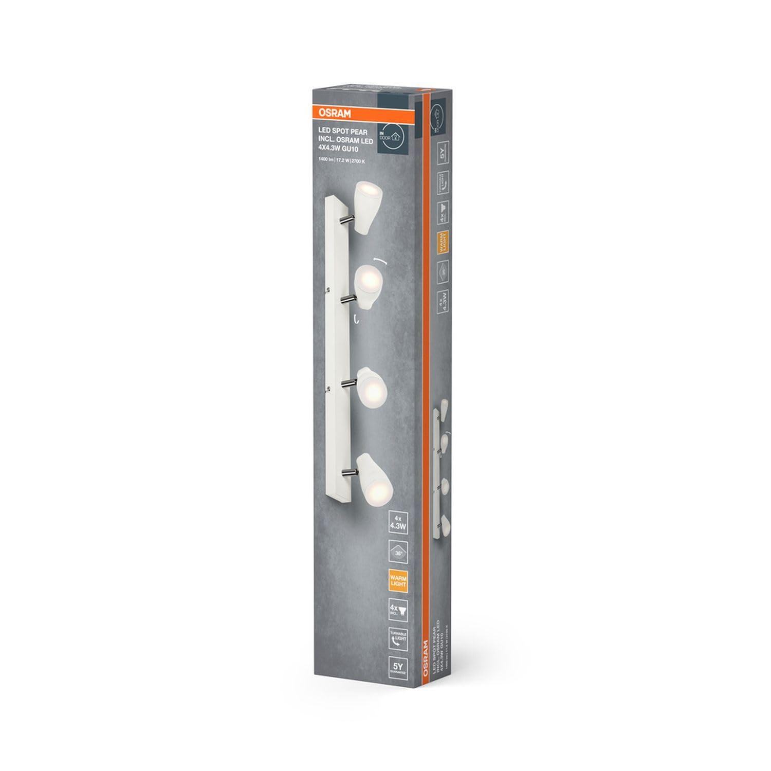 Osram Foco LED SPOT PEAR GU10, blanco, 4 x 4,3 W, 1400 lm, 614 mm, luz blanca cálida, cabezales orientables, fácil montaje, combinación con bombillas inteligentes GU10, IP20, 2700 K