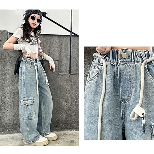 Cargo Jeans for Kids Girls Baggy Button Wide Leg Denim Pants High Waist Drawstring Y2k Streetwear Trousers with Pockets2
