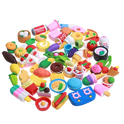 Greentime 60Pcs Cute Erasers Kids Pencil Erasers Desk Pets Puzzle Erasers Desert Erasers 3D Mini Erasers for Birthday Present Games Carnival Prizes Classroom