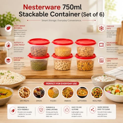 Image of Cutting EDGE Nesterware 750ml Stackable Container (Set of 6, Light Red) | BPA-free plastic, stackable design, leak-proof, kitchen storage, pantry, fridge, meal prep, reusable, travel use