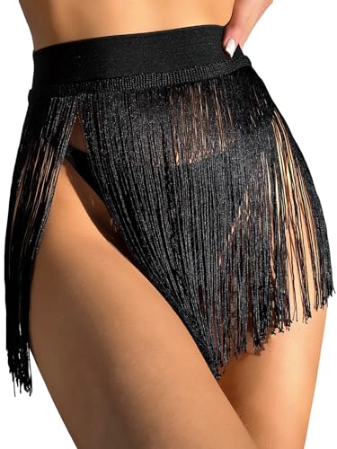 GORGLITTER Women's Fringe Sheer Rave Mini Skirt Beach Tassel High Waisted Swimsuit Coverup Skirts
