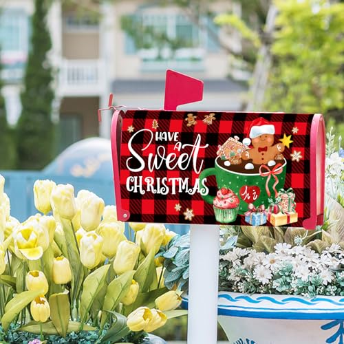 Image of 21 inchx18 inch Gingerbread Mailbox Cover Magnetic Standard Size Have A Sweet Christmas Cookies Mailbox Wrap Post Cover with Red Black Buffalo Plaids for Yard Garden Outside Holiday Decor