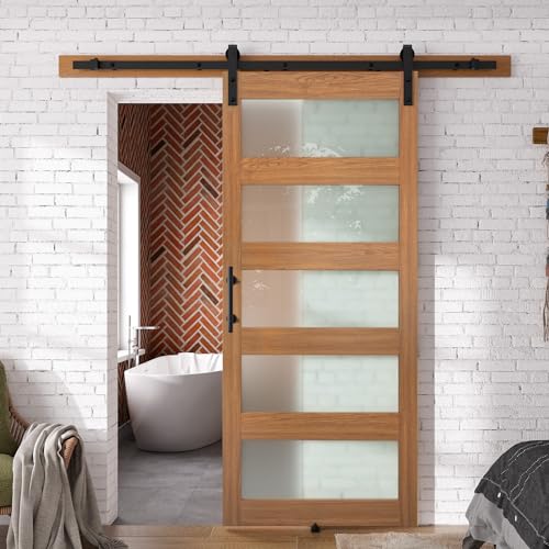 SmartStandard 36 x 84 in (Double 18×84 Door) Glass Barn Door with 6.6FT Sliding Hardware Kit & Handle, Pre-Drilled Ready to Assemble, Waterproof PVC Coating, 5-Panel Glass, White
