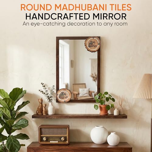 Image of AAKRITI ART CREATIONS Wooden Wall Mirror with Madhubani Painted Round Wooden Tiles