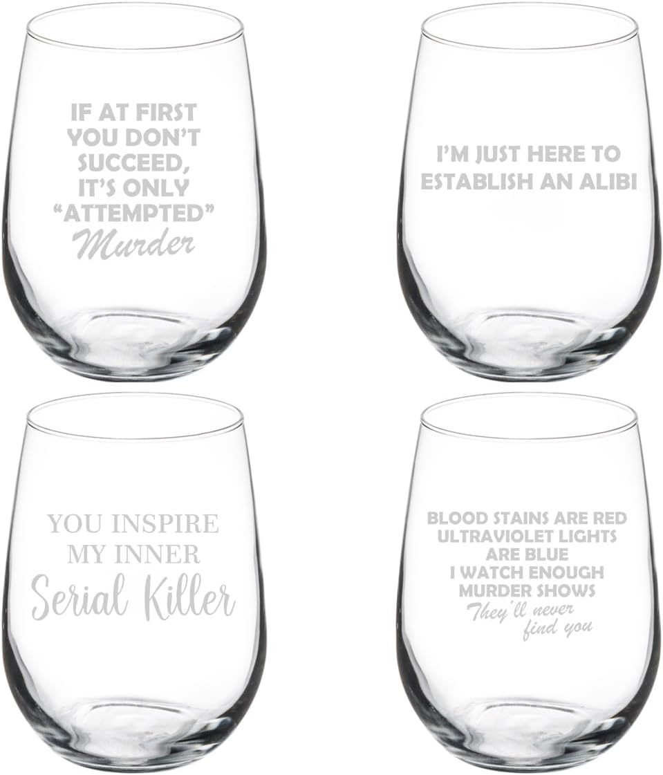 MIP Set of 4 Wine Glass Gift True Crime Collection (17 oz Stemless)