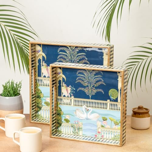 Image of Wooden Serving Tray with Gold Engraving | Set of 2 | Size : 12 x 12 inch & 10 x 10 inch | Enamel Coated Waterproof | Square Trays | Decorative Trays | (Swan Square Trays Set)