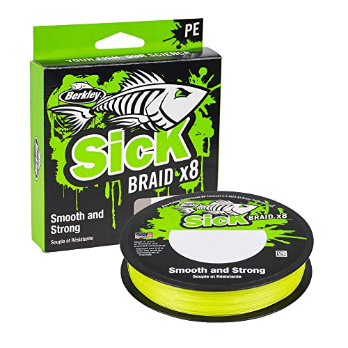 Berkley Sick Braid – 8-fach geflochtene Angelschnur, super glattes 8-fach Multifaden PE Raubfischgeflecht, Angelschnüre 150-300 m zum Süßwasser- oder Salzwasser-Meeresangeln, Hi-Viz Yellow