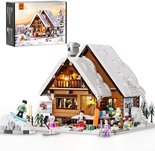 FUNWHOLE Christmas Ski-Cabin Lighting Building-Bricks-Set - Retro Christmas Winter Snow House Collection LED Light Building Construction Holiday Model Set 2187 Pcs for Adults and Teen