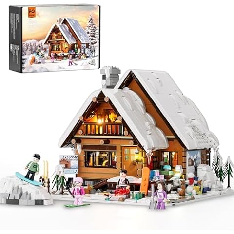 FUNWHOLE Christmas Ski-Cabin Lighting Building-Bricks-Set - Retro Christmas Winter Snow House Collection LED Light Building Construction Christmas Holiday Model Set 2187 Pcs for Adults and Teen Cover