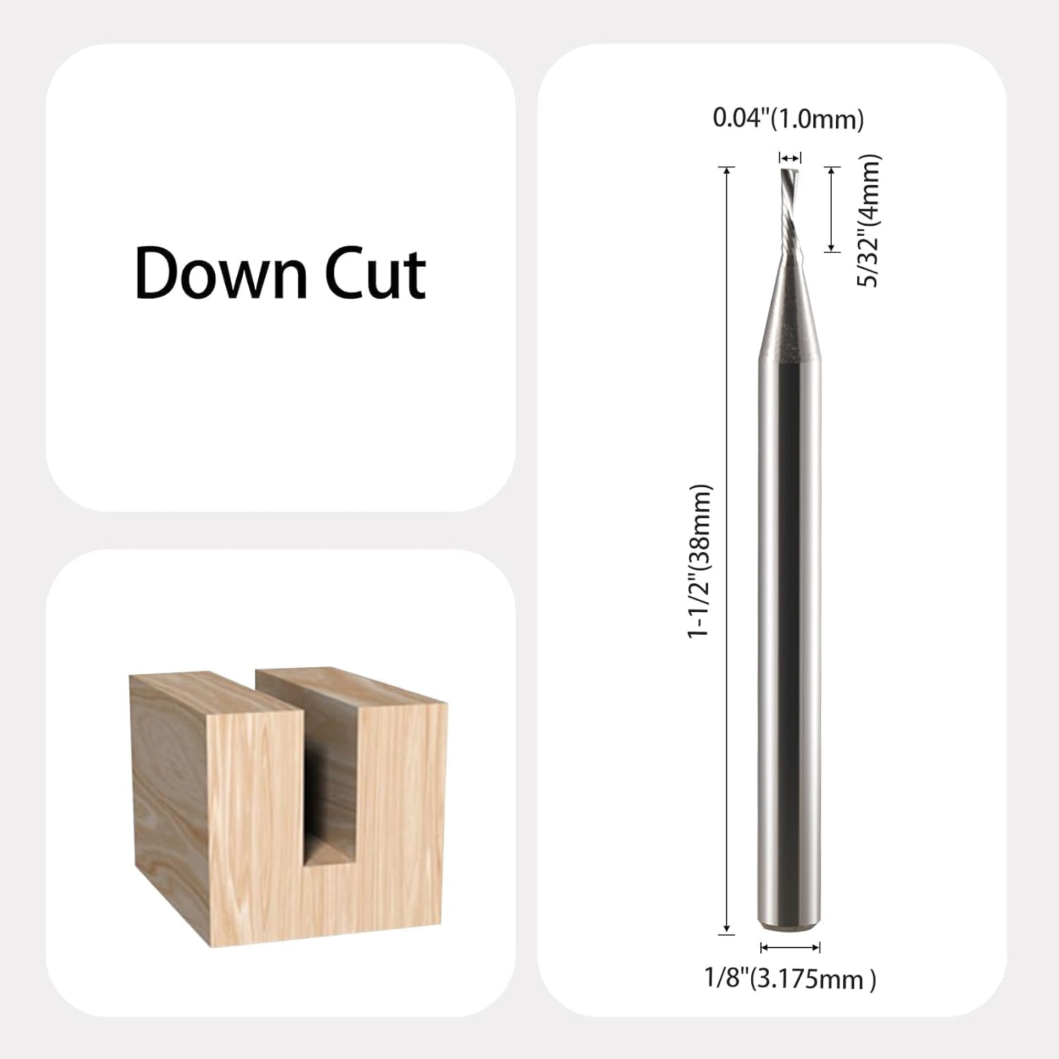 Fresa de ranura en espiral CNC, fresadora de 3,175 mm (1/8 pulgadas), 1,0 mm CED 4 mm CEL 1 Flute Single Flute Downcut Spiral End Fresa CNC Router Bit para acrílico, PVC, MDF, aluminio (8*8*50)