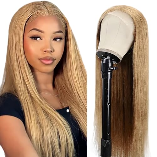 Zeslaerr Cheveux Humains 5X5 Lace Front Wig Human Hair Straight #27 Honey Blonde Perruque Bresilienne Virgin Pre Plucked Natural Hairline Closure Wig 16 Inch