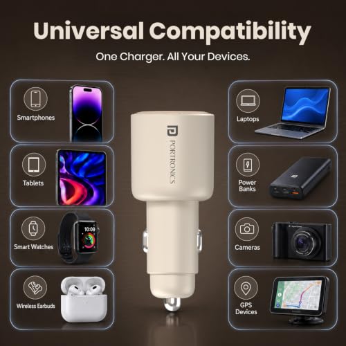 Image of Portronics Car Power 65 Pro 65W Dual Ports Fast Car Charger with 65W Type-C PD & 22.5W USB-A, Charge 2 Devices Simultaneously, Compact 12V Car Adapter Compatible with Laptop, Smartphone, Tablet