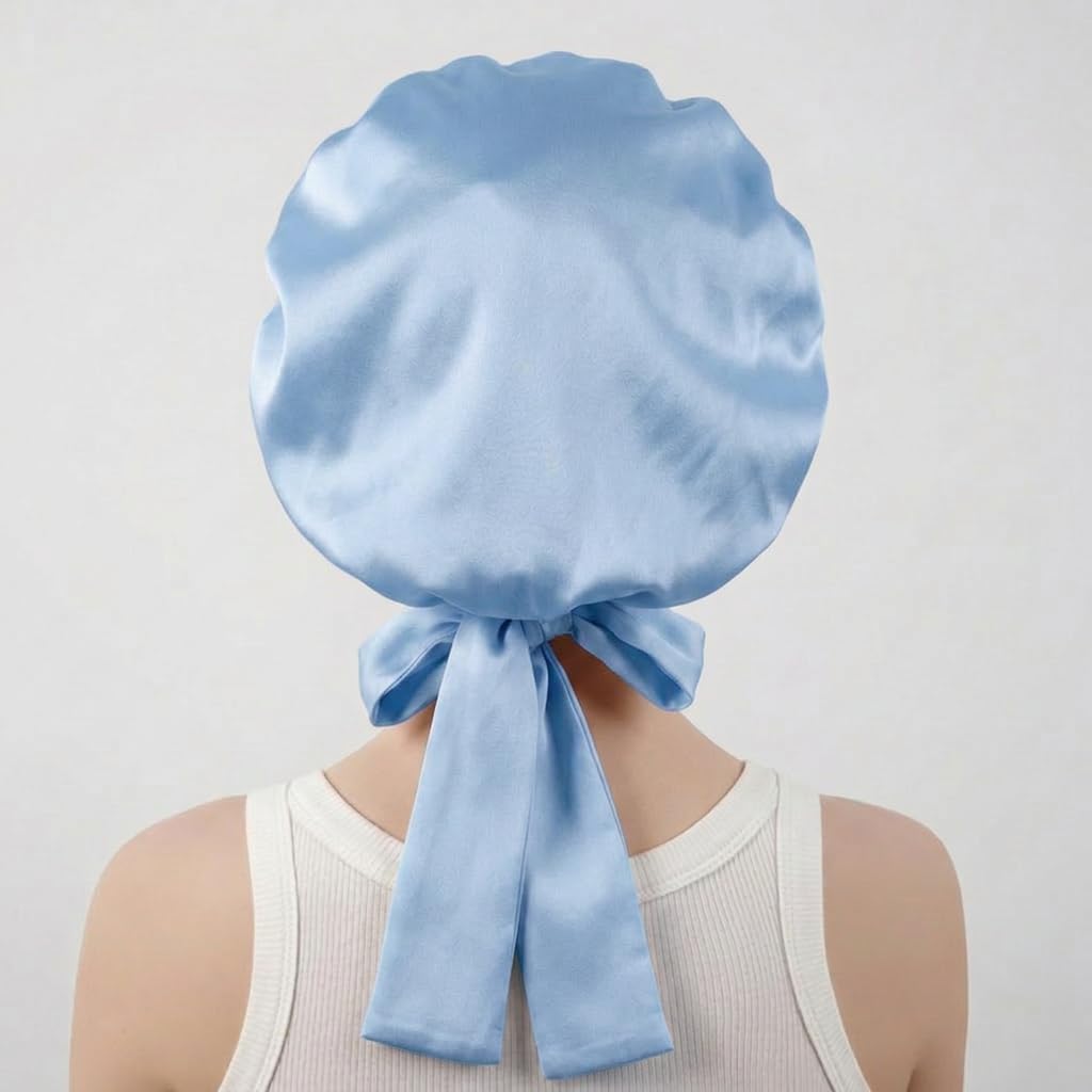 100% Mulberry Silk Sleep Bonnet, Double Layer Hair Bonnet with Wide Band and Bow