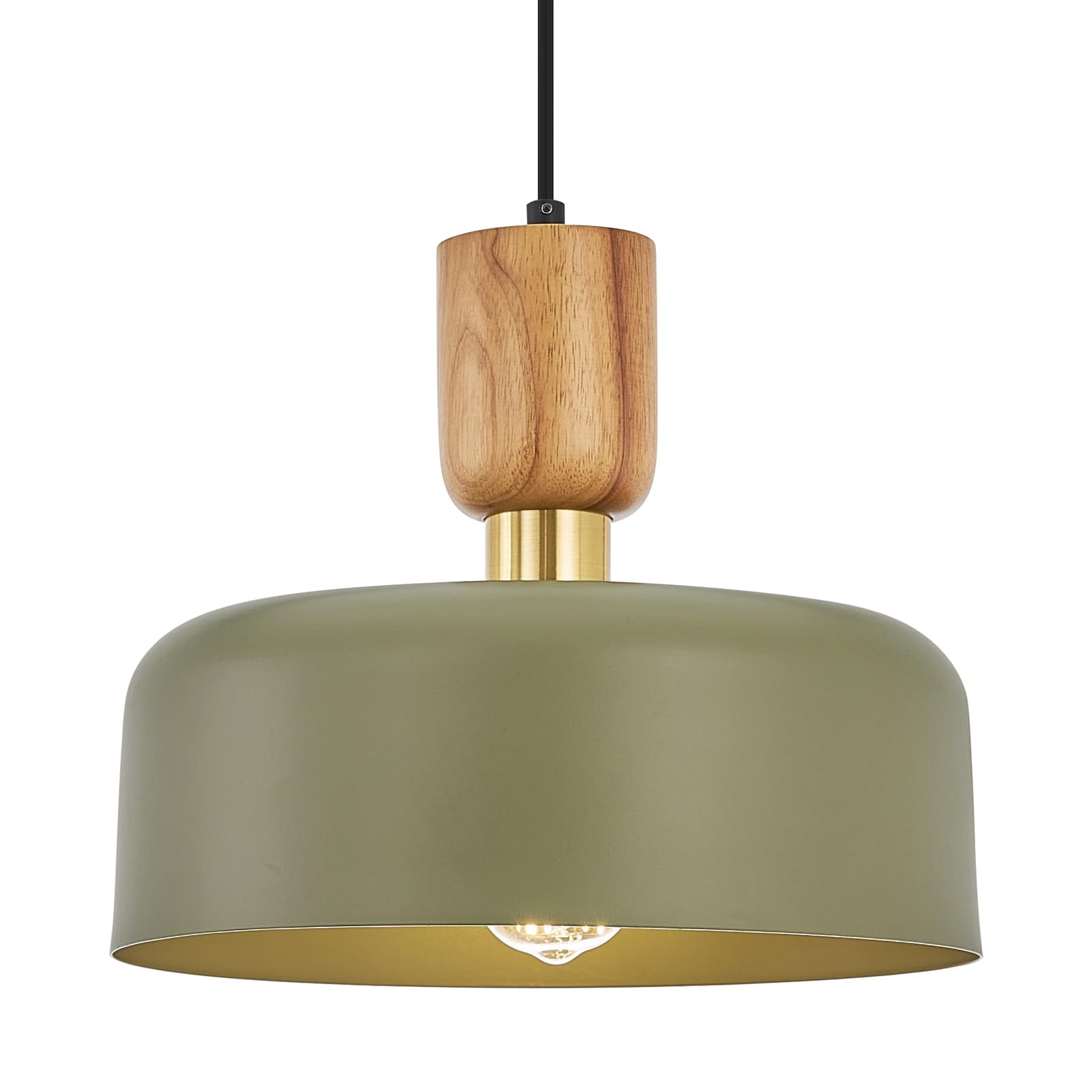 Contemporary Pendant Lighting,Large Pendant Lamp,Wood and Brass Accent,Adjustable Metal Hanging Light Fixture for Kitchen, Dining Room, Green