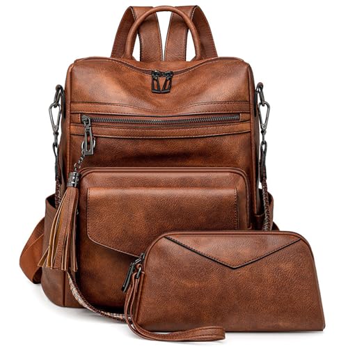 O-TBOST Women Fashion Backpack Purse Faux Leather Travel Shoulder Bag Handbag Set 2pcs (Brown)