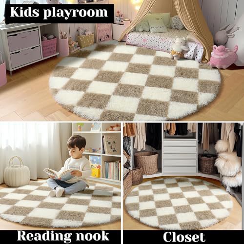 Image of KICMOR Round Rugs 6ft Beige and Cream White Circle Area Rug, Fluffy Soft Fuzzy Shag Shaggy Bedroom Living Room Carpet, Indoor Checkered Circular Rug for Kids Boys Girls Home Decor Aesthetic, Nursery