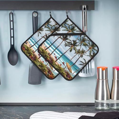 Heat Resistant Pot Holder Set of 2 Kitchen Pot Holder for Microwave Cooking Hawaiian Surfer on Wavy Pot Holders Oven Hot Pads Washable Potholders for Baking Square Trivet for BBQ with Hanging Loops