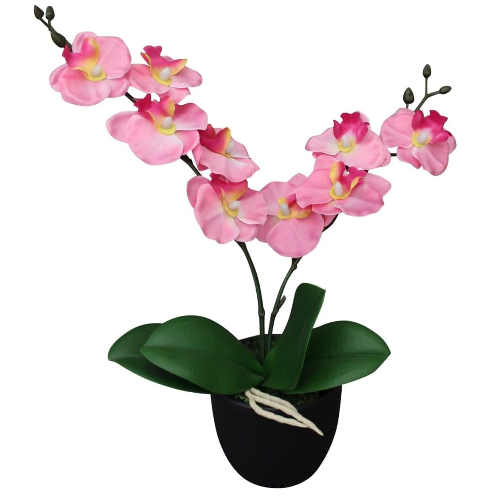 Orchidea artificiale con vaso, 30 cm, rosa, realistica, con 9 fiori e 4 foglie in poliestere e plastica, ideale per soggiorno, ufficio, balcone, davanzale, decorazione