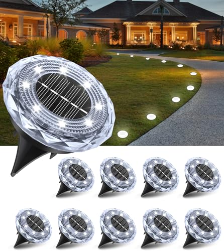 Mini Solar Ground Lights,10 Pack Solar Powered Pathway Lights Outdoor,15Hrs Lasting,IP65 Waterproof,8 LED Solar Disk Light for Patio Driveway Walkway Garden Lawn Path Landscape
