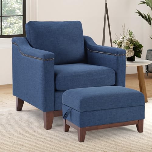 Image of 2 Piece Chenille Sofa Set with Nailhead Trim, Included Comfy Accent Chair with Thicked Cushion and Upholstered Storage Ottoman with Flip-Top Table, Living Room Furniture Set,Blue