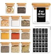 ComSaf 12Pcs Glass Spice Jars with Bamboo Lid, 4oz Airtight Square Spice Containers with 275 Blac...