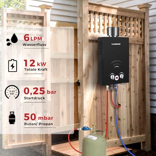 CAMPLUX BW158BC-DE Tankless Gasdurchlauferhitzer mit Regenhaube, Tragbar LPG Durchlauferhitzer, 6 Liter, 12kW, 50mbar, Campingdusche