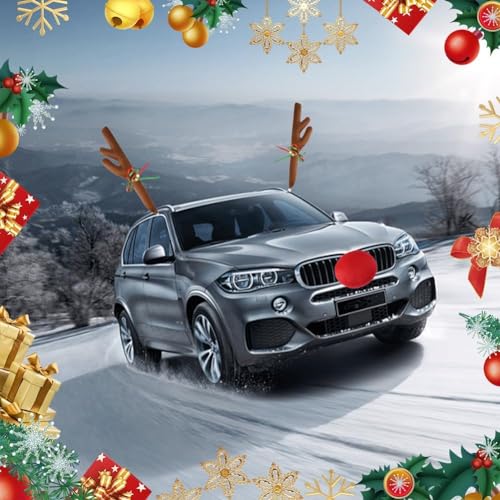 agctrler Rentier Geweih Auto Weihnachten, Rentiergeweih Auto mit 2 Geweih und 1 Rote Nase, Rentier Kostüm für Auto Truck Van SUV, LKW